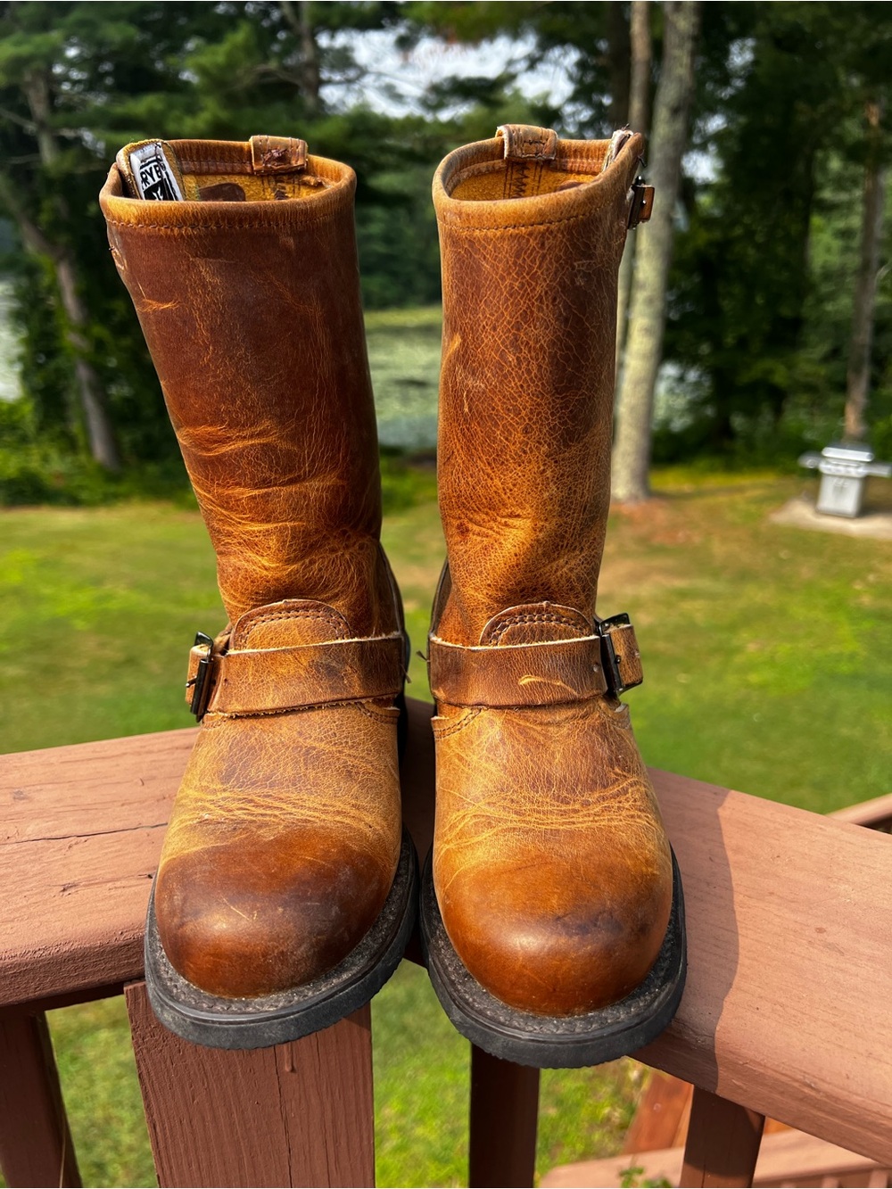 Vintage Frye Tan Brown Leather Mid-Calf Harness Boots / womens / size 5.5
